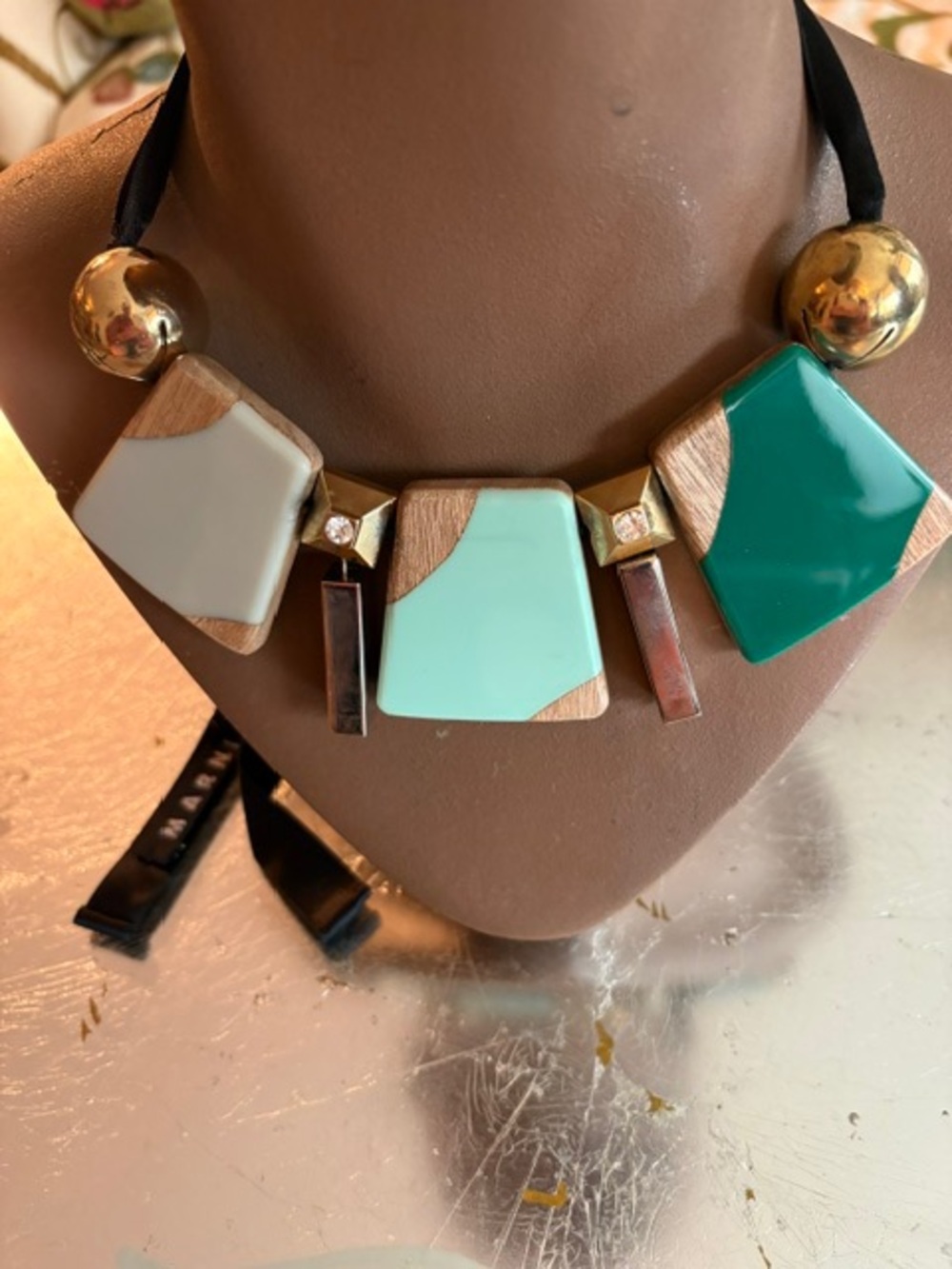 MARNI Statement Geometric Necklace in Teal, Mint & Cream